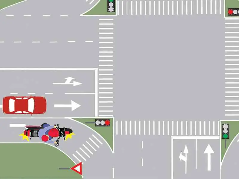 Imagine întrebare examen auto: Care dintre autovehicule trebuie să oprească la semnalul roșu?