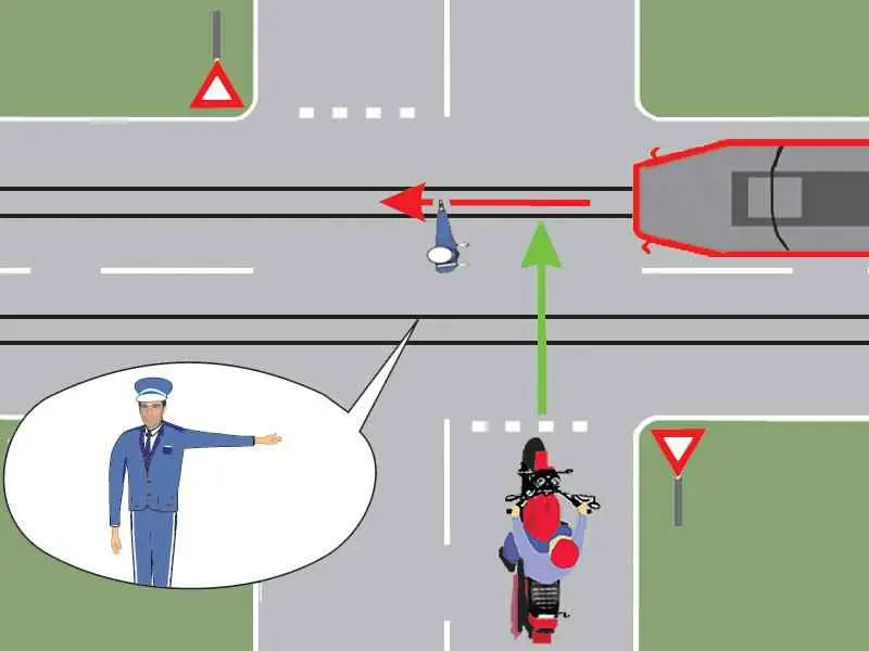 Imagine întrebare examen auto: Care dintre cele două vehicule din imagine are dreptul să treacă prin
