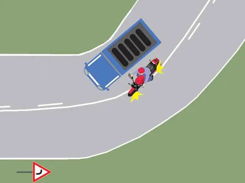 Imagine întrebare examen auto: Motociclistul din imaginea alăturată execută corect depășirea?
