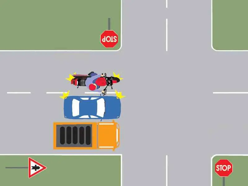 Imagine întrebare examen auto: Motociclistul din imagine depășește corect cele două autovehicule?