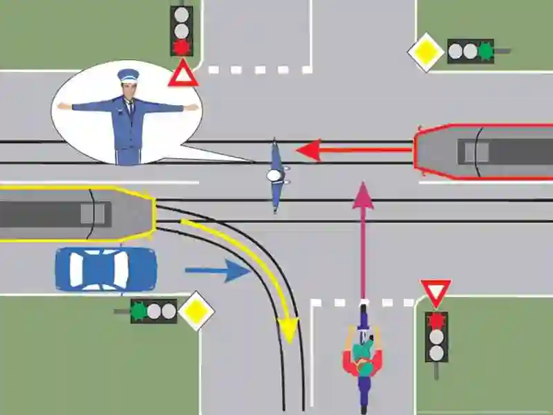 Imagine întrebare examen auto: Care dintre vehicule trebuie să oprească la semnalul polițistului?