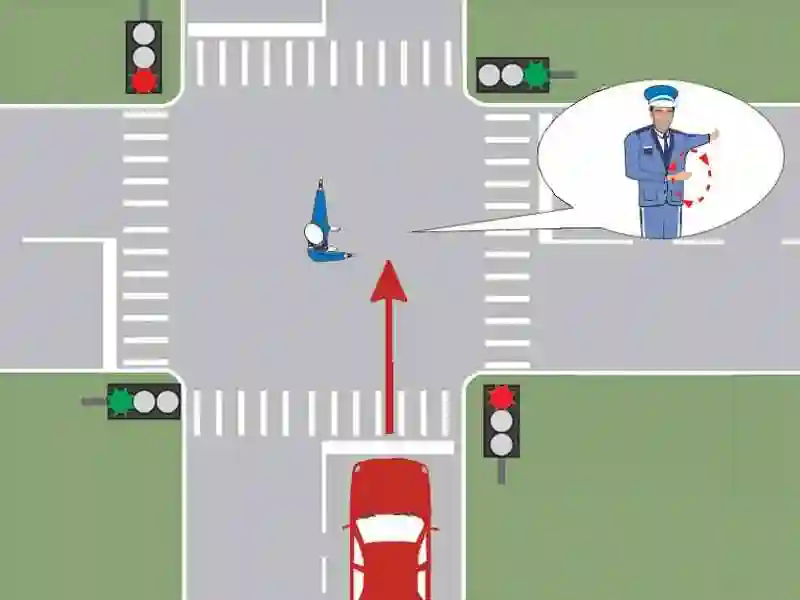 Imagine întrebare examen auto: Polițistul din intersecție semnalizează conducătorul auto să mărească viteza. Cum trebuie să