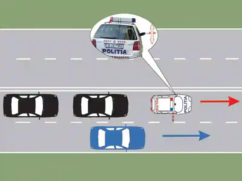 Imagine întrebare examen auto: Scoaterea pe partea laterală a bastonului de către polițistul care însoțește o
