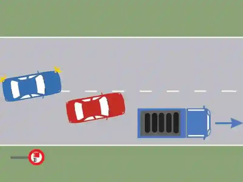 Imagine întrebare examen auto: Conducătorul autoturismului roșu s-a angajat corect în depășirea autocamionului?