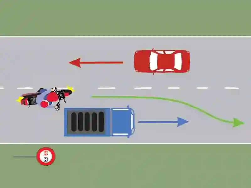 Imagine întrebare examen auto: Motociclistul depășește corect autocamionul?