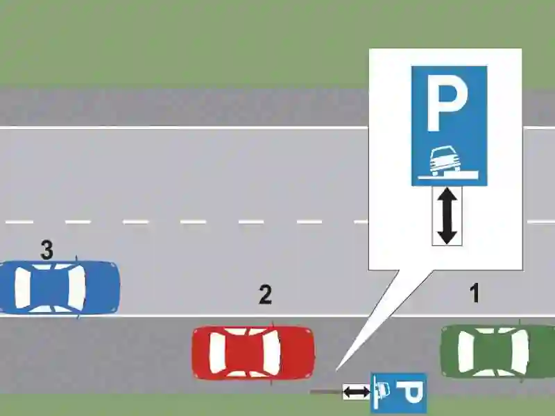 Imagine întrebare examen auto: Care dintre cele trei autovehicule a parcat regulamentar?