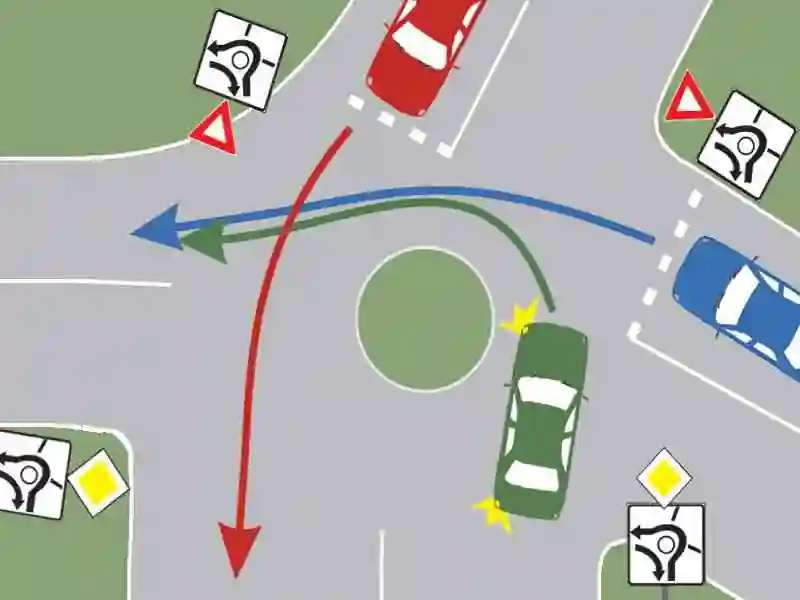 Imagine întrebare examen auto: În ce ordine vor trece prin intersecție cele trei autoturisme?