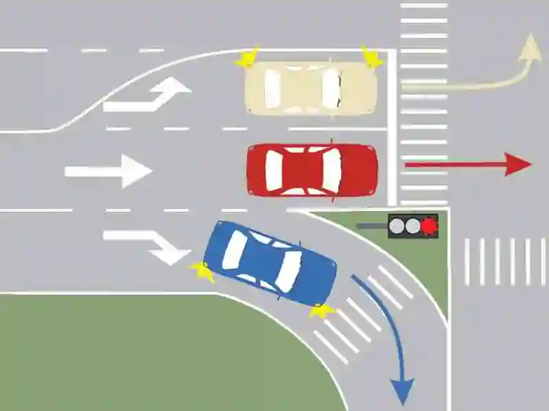 Imagine întrebare examen auto: Care autoturism își continuă deplasarea prin intersecție?