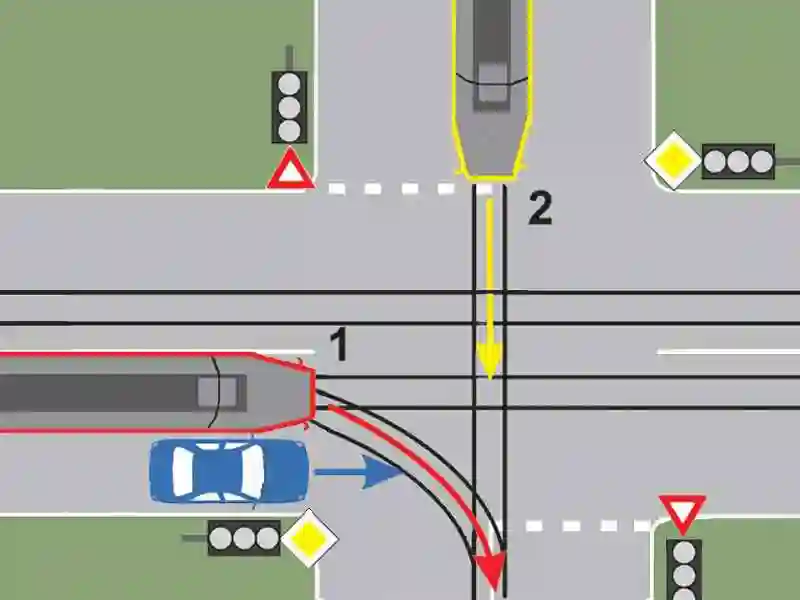 Imagine întrebare examen auto: În ce ordine vor circula autovehiculele prin intersecția prezentată, dacă semafoarele nu