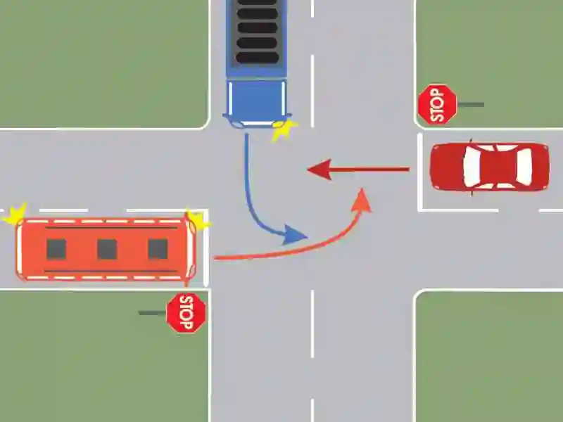 Imagine întrebare examen auto: Care dintre autovehicule va intra ultimul în intersecție?