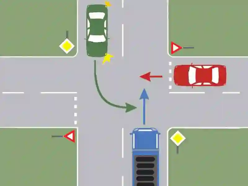 Imagine întrebare examen auto: Care dintre cele trei vehicule va trece al doilea prin intersecție?