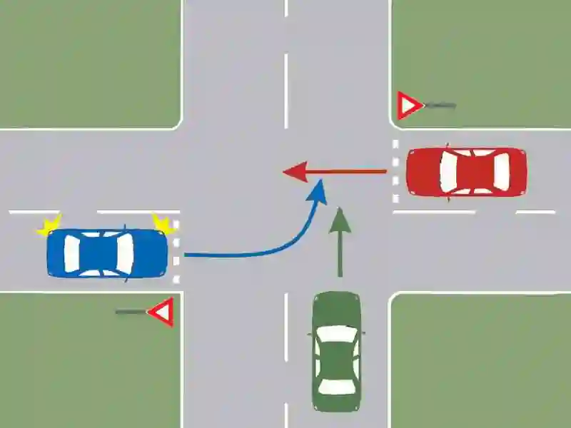 Imagine întrebare examen auto: În ce ordine vor trece autovehiculele prin intersecția prezentată?