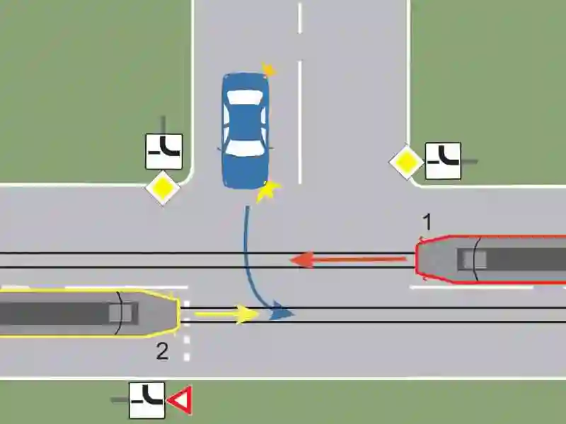 Imagine întrebare examen auto: Care dintre vehicule va trece primul prin intersecție?