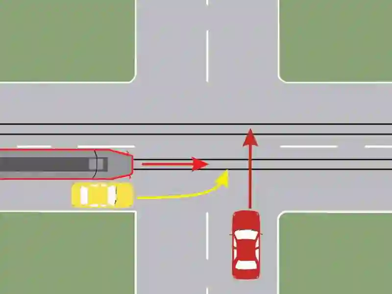 Imagine întrebare examen auto: Care dintre cele trei vehicule trece primul prin intersecție?