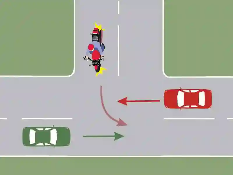 Imagine întrebare examen auto: Care dintre cele trei autovehicule va trece ultimul prin intersecția din imagine?