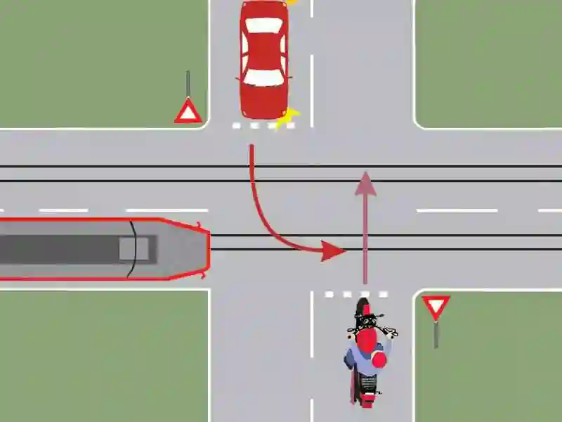 Imagine întrebare examen auto: Care dintre cele trei vehicule va trece ultimul prin intersecție?