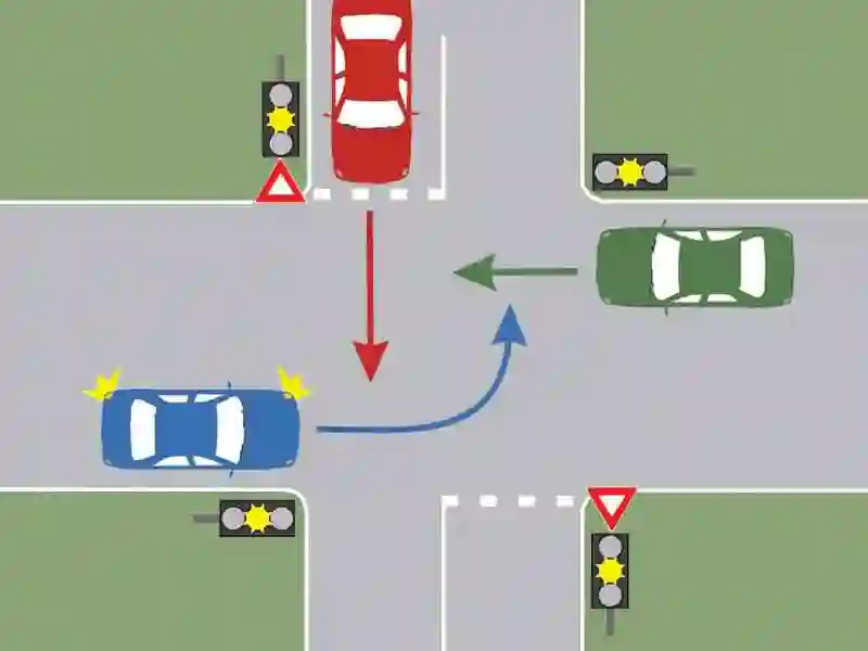 Imagine întrebare examen auto: În ce ordine vor trece prin intersecție autoturismele la culoarea galbenă intermitentă