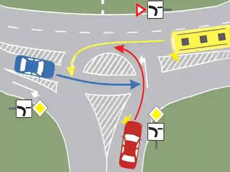 Imagine întrebare examen auto: Care este ordinea de trecere prin intersecție a celor trei vehicule?