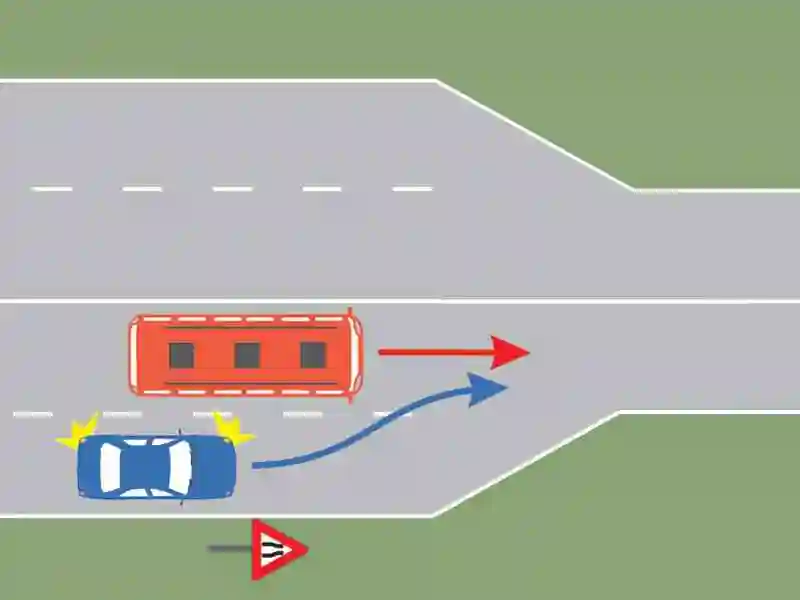 Imagine întrebare examen auto: Cine are prioritate pe sectorul de drum îngustat?