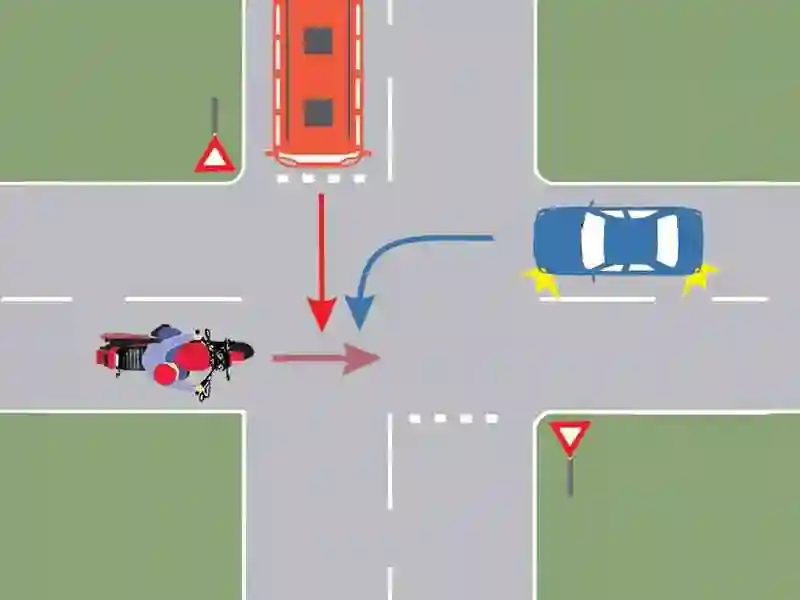 Imagine întrebare examen auto: În ce ordine vor trece prin intersecție autovehiculele?