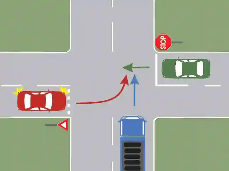 Imagine întrebare examen auto: Care dintre autovehicule va trece al doilea prin intersecția prezentată?