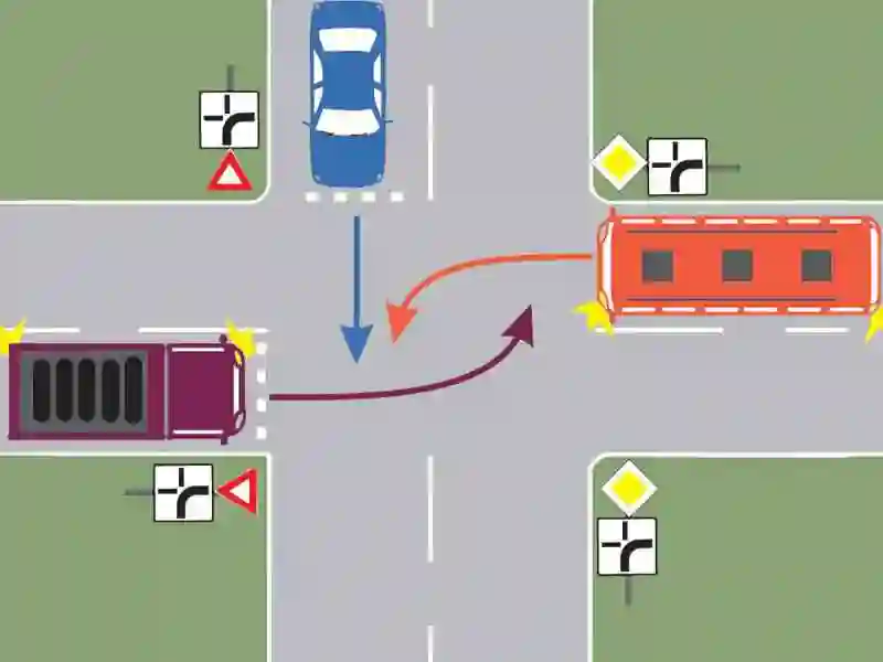 Imagine întrebare examen auto: Care dintre cele trei vehicule va trece ultimul prin intersecție?