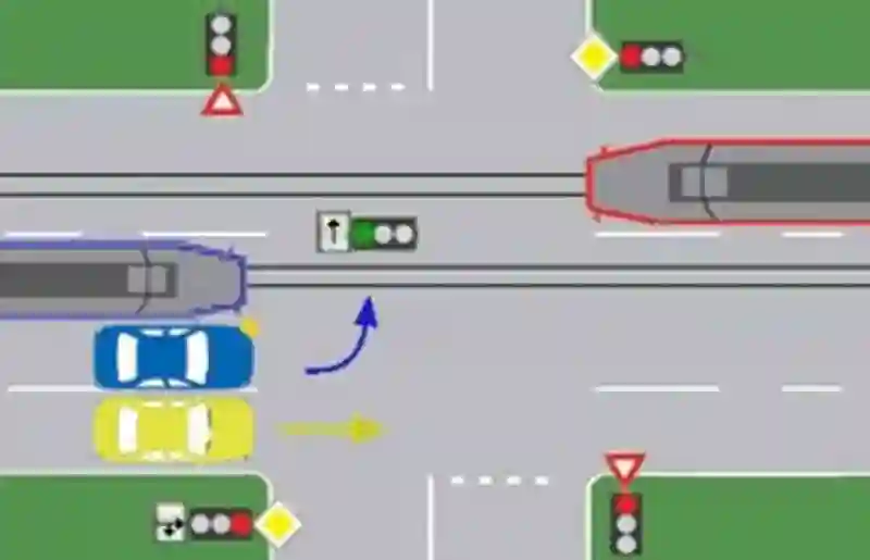 Imagine întrebare examen auto: Care dintre vehicule își pot continua deplasarea în intersecție?