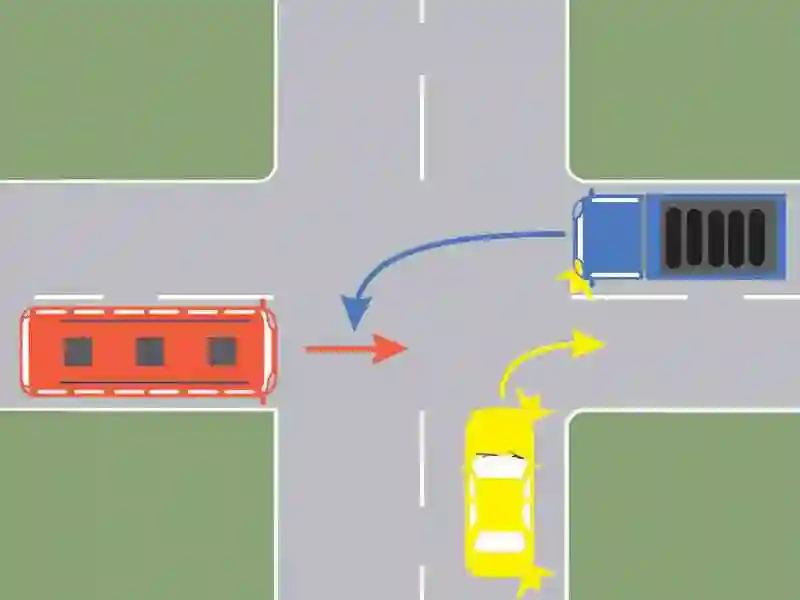 Imagine întrebare examen auto: În ce ordine vor trece prin intersecție cele trei autovehicule?