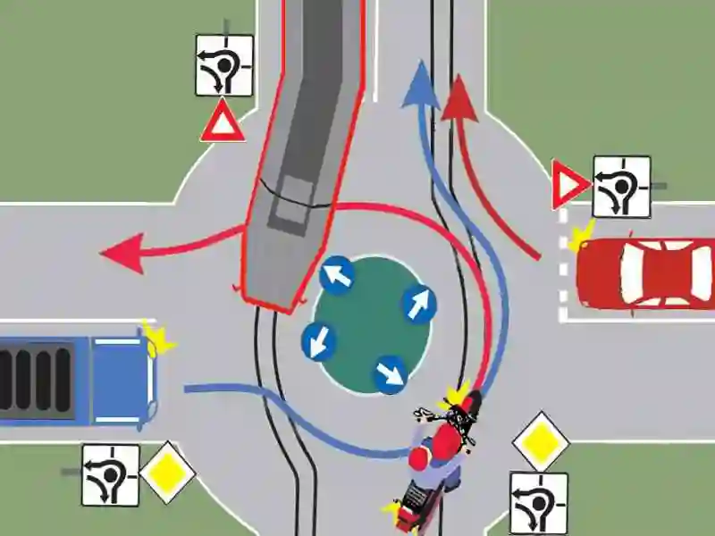 Imagine întrebare examen auto: Care dintre vehicule au prioritate de trecere prin intersecția prezentată?