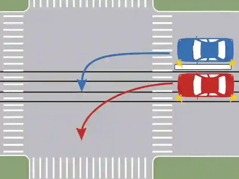 Imagine întrebare examen auto: Care dintre autoturisme s-a încadrat corect pentru a schimba direcția de mers?