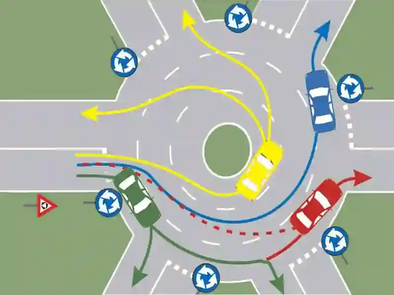 Imagine întrebare examen auto: Care autoturisme s-au încadrat corect pentru a traversa intersecția prezentată?