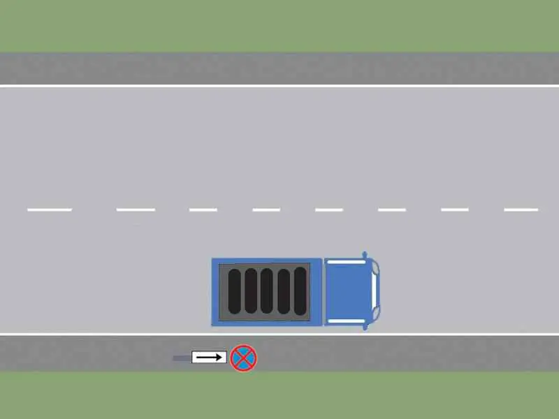 Imagine întrebare examen auto: Camionul din imagine a oprit regulamentar?