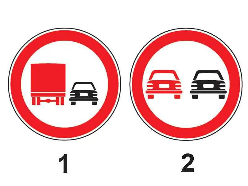 Imagine întrebare examen auto: Care dintre indicatoarele alăturate interzice conducătorilor de autocamioane să depășească motociclete fără