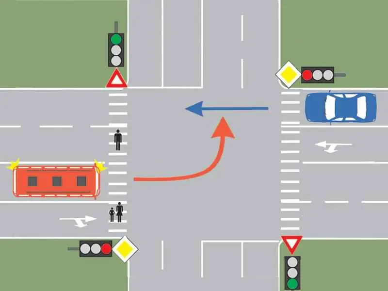 Imagine întrebare examen auto: Cum trebuie să procedeze conducătorul autobuzului din imagine, dacă intenționează să schimbe