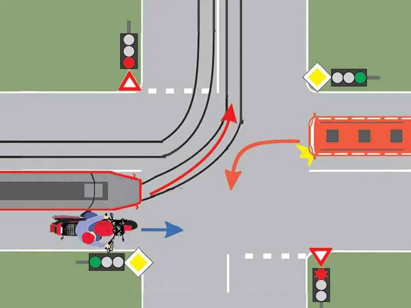 Imagine întrebare examen auto: Conducătorul autobuzului din imagine trebuie să acorde prioritate de trecere: