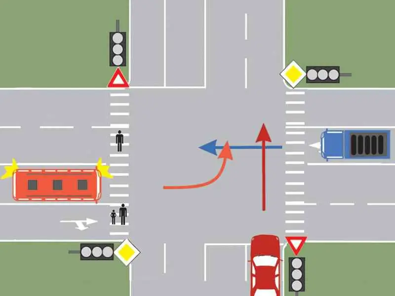 Imagine întrebare examen auto: Cui trebuie să cedeze trecerea conducătorul autobuzului din imaginea alăturată, dacă semafoarele