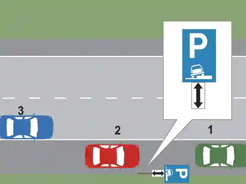 Imagine întrebare examen auto: Care dintre cele trei autovehicule a parcat regulamentar?