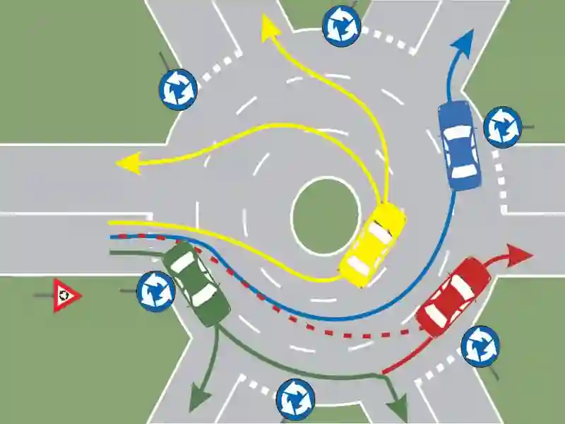 Imagine întrebare examen auto: Care autoturisme s-au încadrat corect pentru a traversa intersecția prezentată?