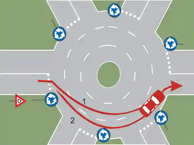 Imagine întrebare examen auto: Care este traseul de urmat pentru autoturismul din imagine?