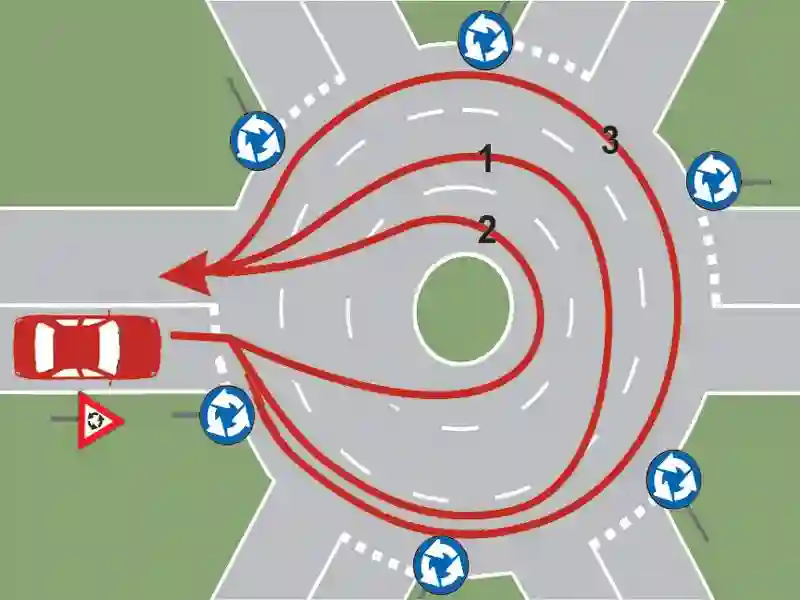 Imagine întrebare examen auto: Care este traseul optim pentru a întoarce în intersecția prezentată?