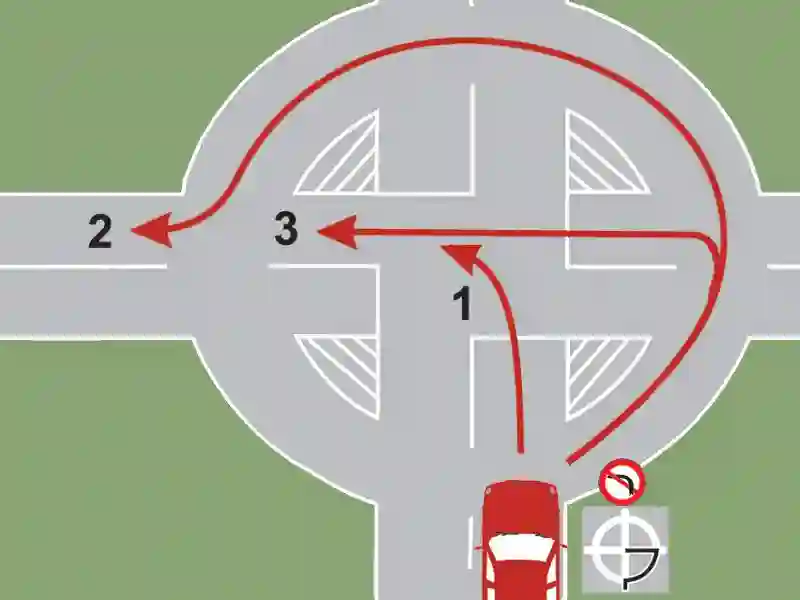 Imagine întrebare examen auto: Ce traseu trebuie să urmați pentru a vira la stânga în intersecție?