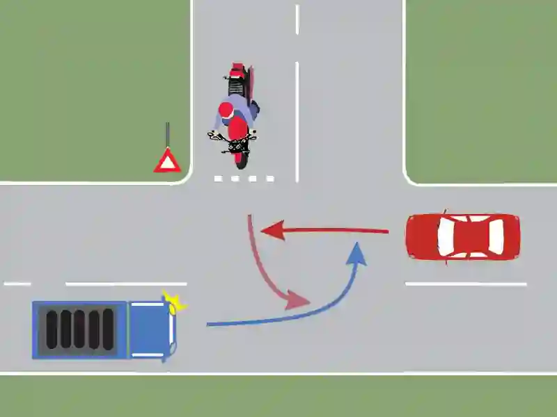 Imagine întrebare examen auto: În ce ordine vor trece prin intersecție autovehiculele din imagine?