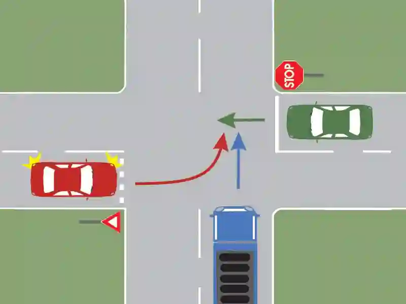 Imagine întrebare examen auto: Care dintre autovehicule va trece al doilea prin intersecția prezentată?