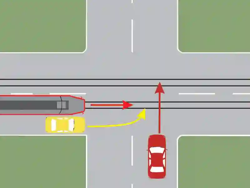 Imagine întrebare examen auto: Care dintre cele trei vehicule trece primul prin intersecție?