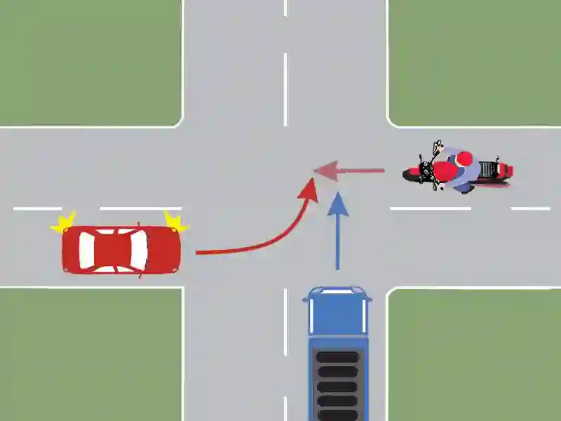 Imagine întrebare examen auto: Care dintre cele trei vehicule va trece ultimul prin intersecția din imagine?