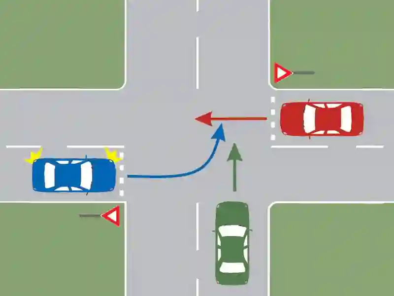 Imagine întrebare examen auto: În ce ordine vor trece autovehiculele prin intersecția prezentată?