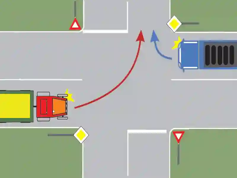 Imagine întrebare examen auto: Pentru a schimba direcția, tractorul din imagine trebuie să cedeze trecerea autocamionului?