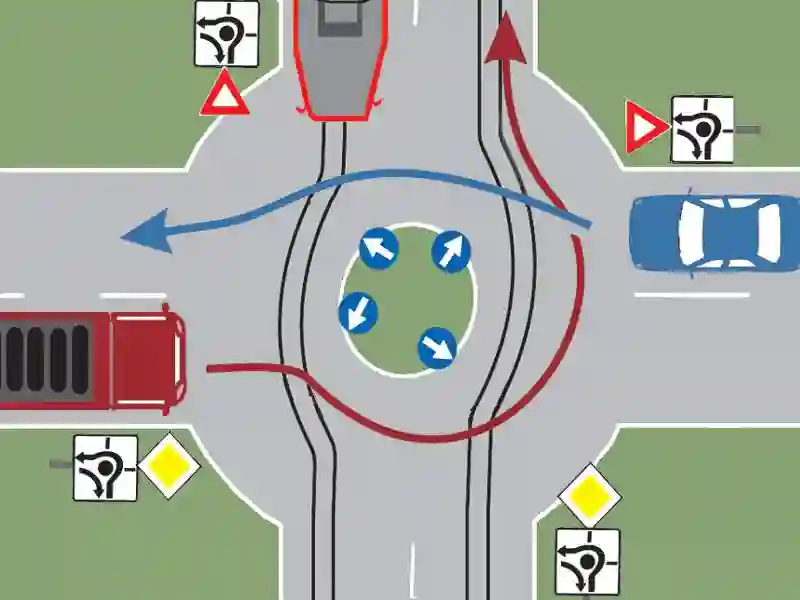 Imagine întrebare examen auto: Care este ordinea de trecere a autovehiculelor, dacă ajung simultan în intersecție?