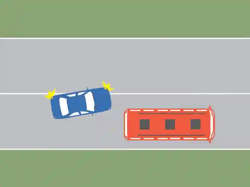 Imagine întrebare examen auto: Autobuzul este staționat. Care dintre cei doi conducători procedează neregulamentar?