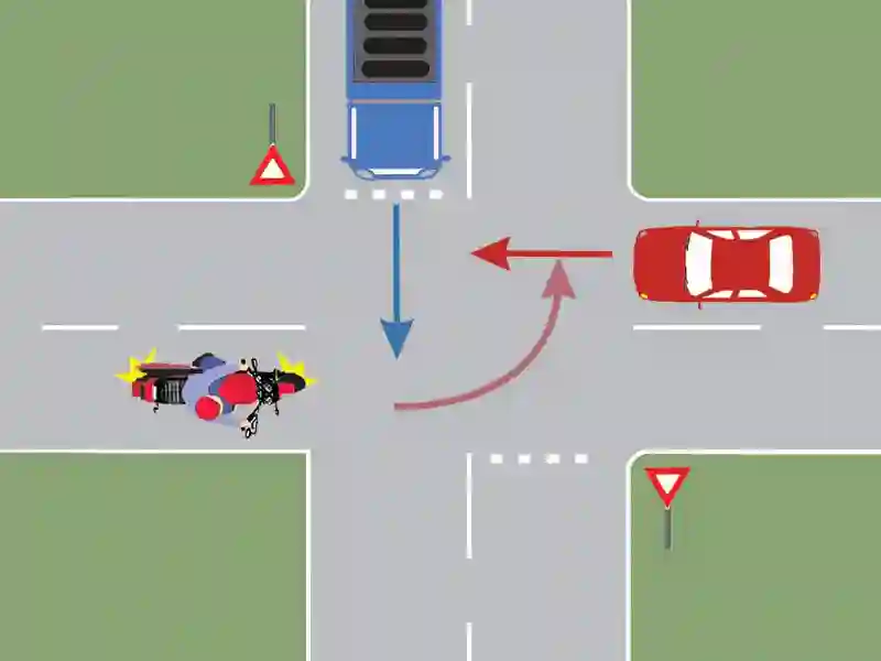 Imagine întrebare examen auto: Care este ordinea de trecere prin intersecția prezentată?
